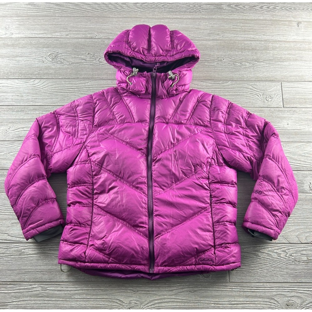 Cabela's Goose Down Puffer Jacket Womens Medium Pink Hooded 650 Fill Outdoor
